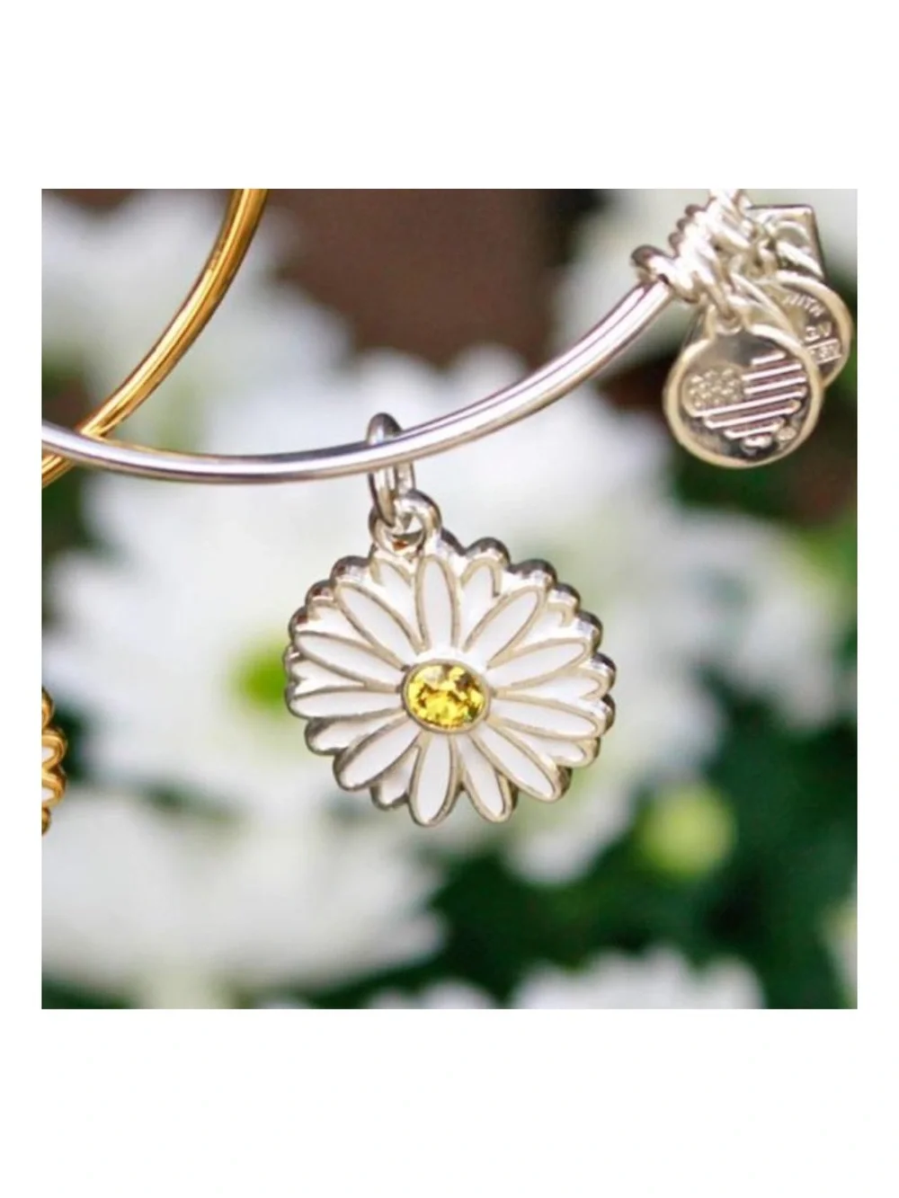 Alex and Ani Daisy Charm Bangle - White with Yellow Center - Silver